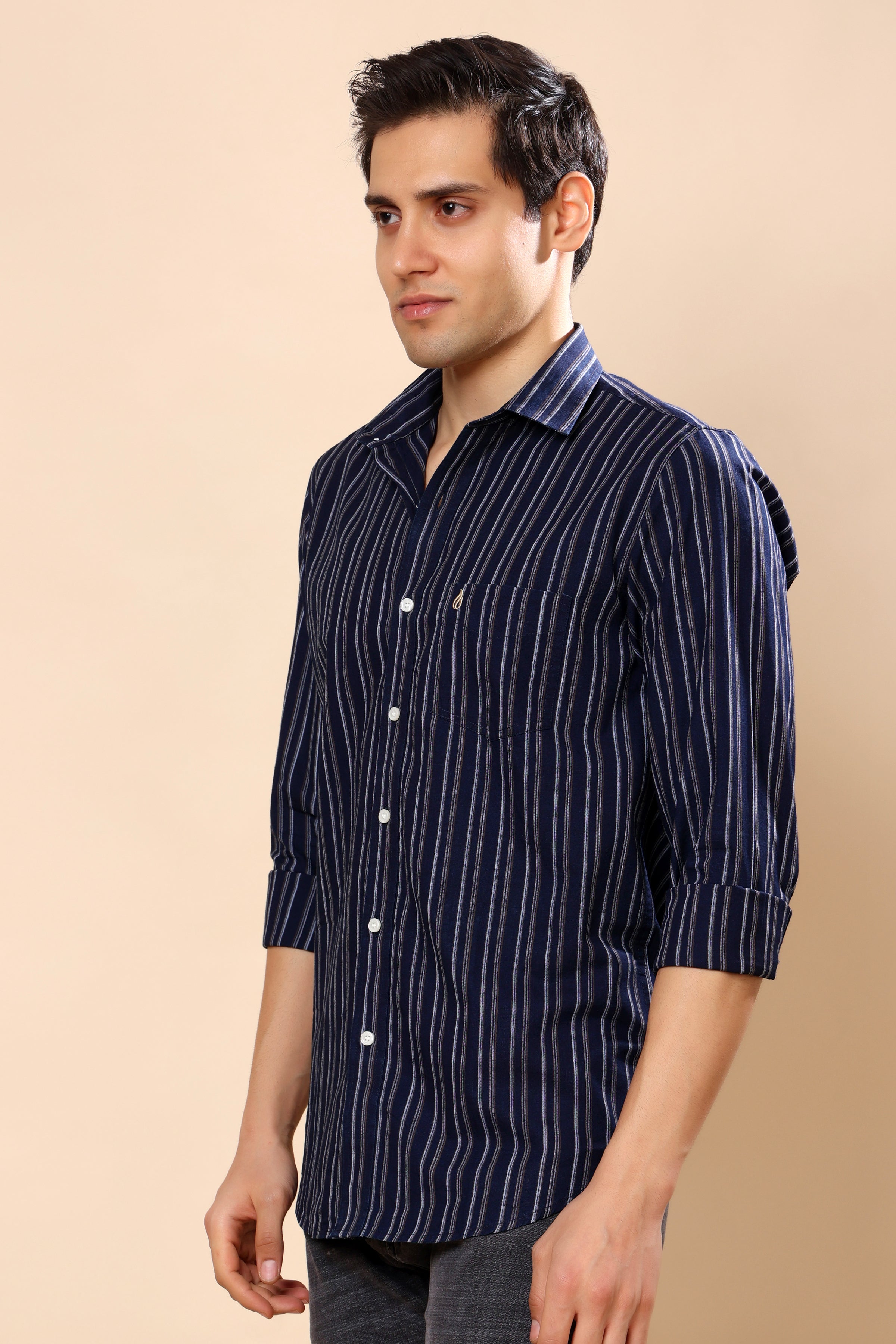 A man wearing a navy blue and white vertically striped button-down shirt, standing against a solid beige background.