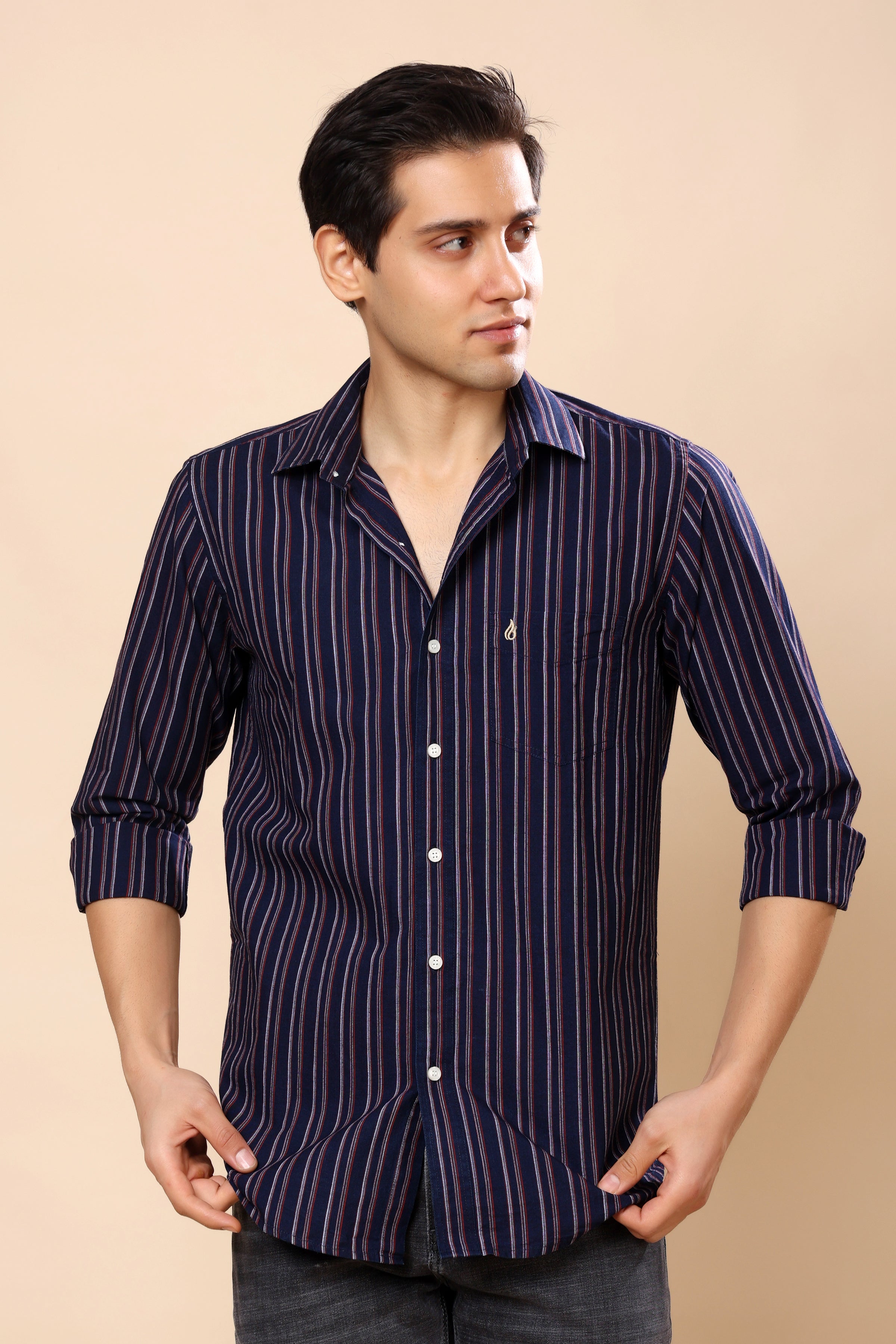 A man wearing a navy blue and purple vertically striped long-sleeve button-down shirt, standing against a solid beige background.