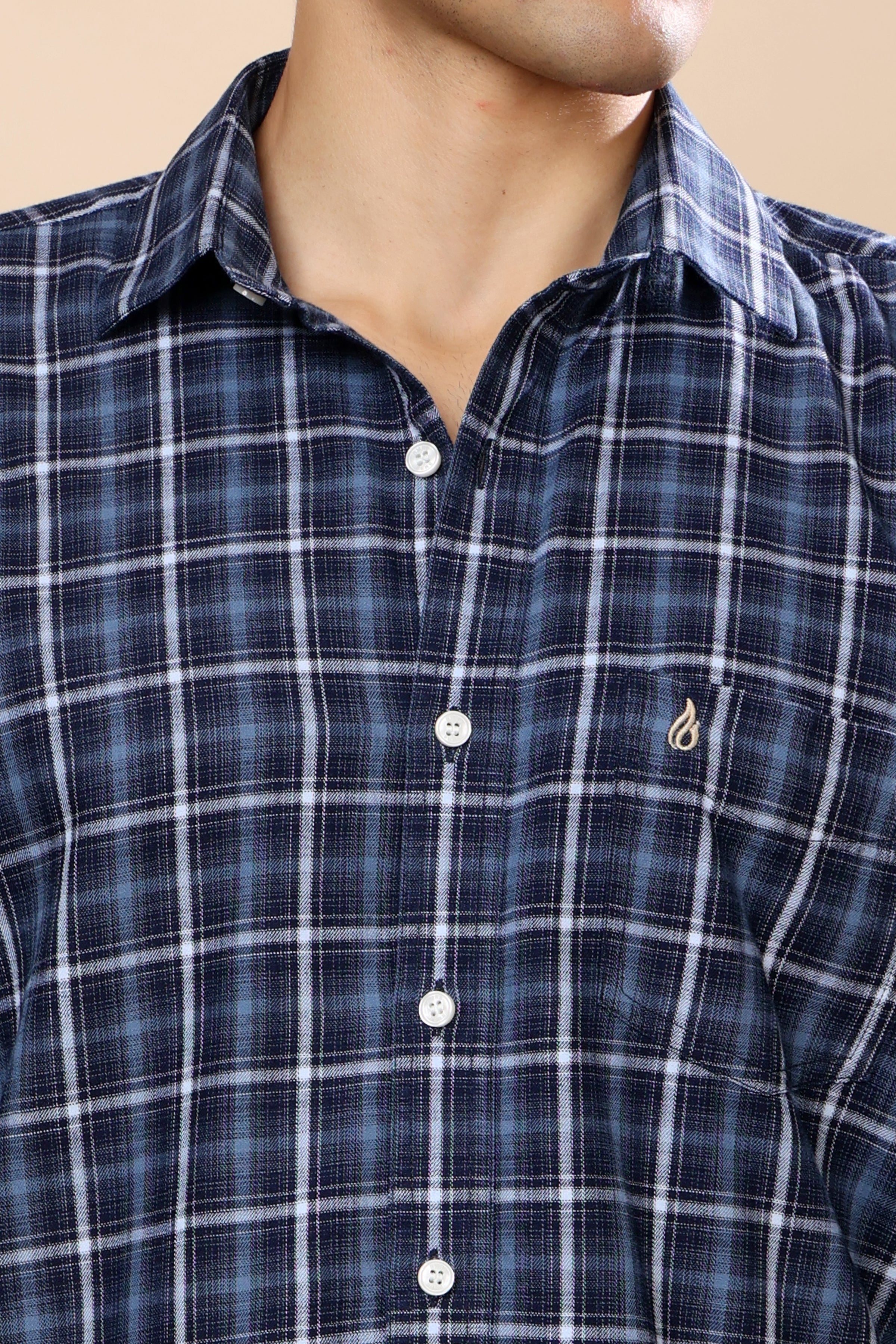 Close-up of a man wearing a navy blue plaid button-down shirt with white buttons and a small embroidered logo on the chest.