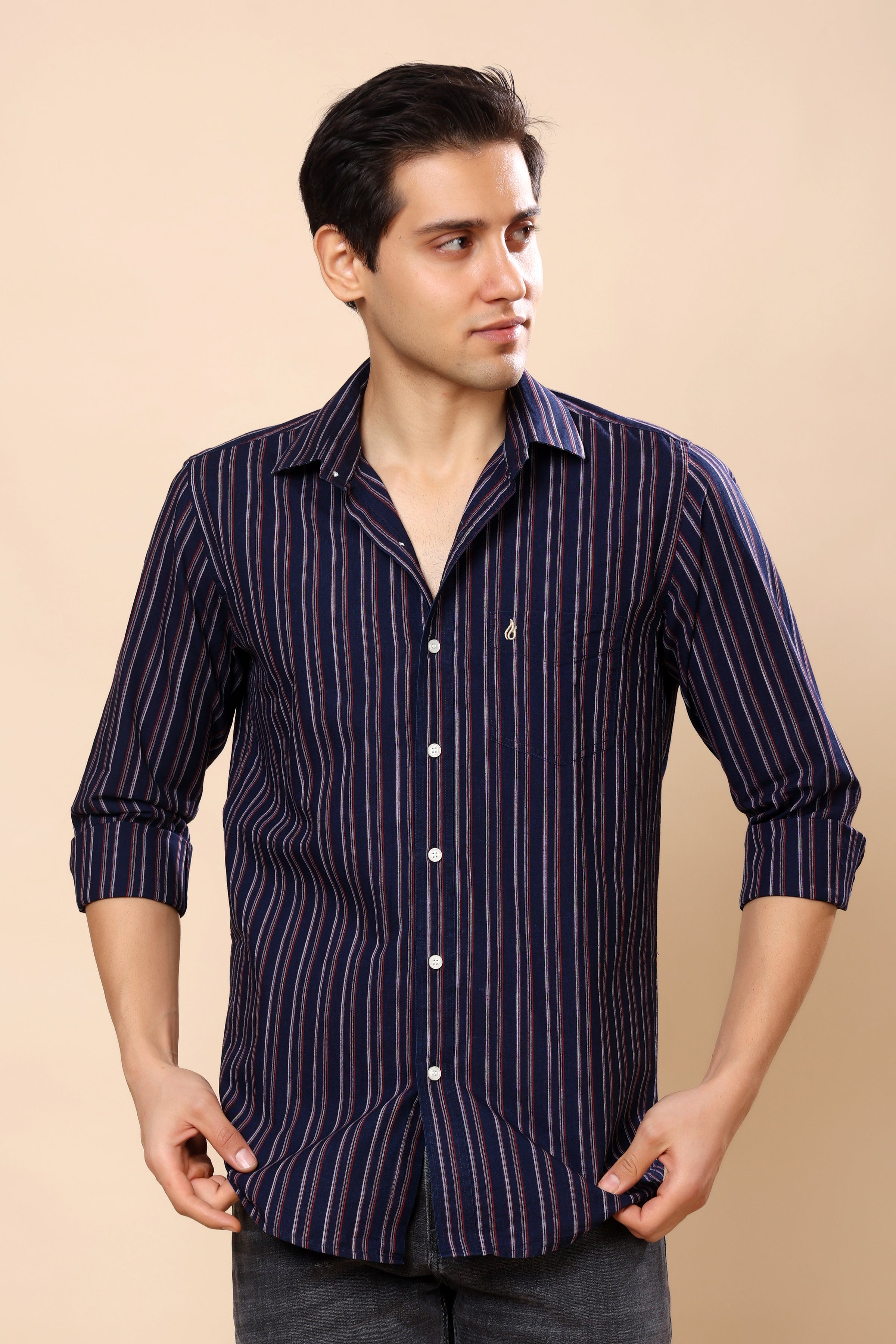 A man wearing a navy blue and purple vertically striped long-sleeve button-down shirt, standing against a solid beige background.