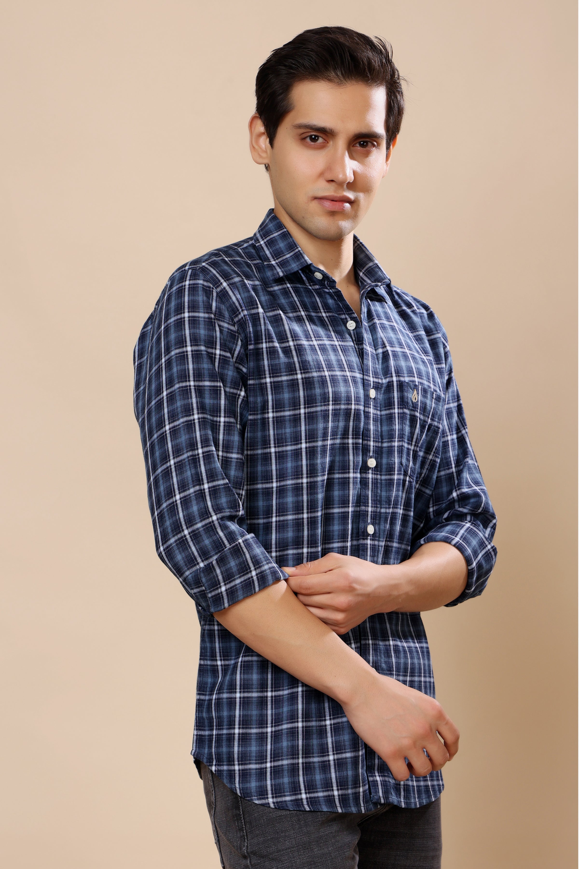 A man wearing a blue and white plaid long-sleeve button-up shirt, standing against a solid beige background.